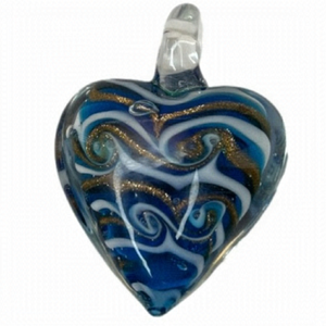 VENETIAN Glass Heart Waves of  Blue White & Gold Pendant